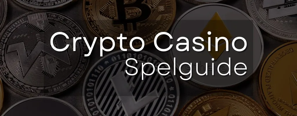 Crypto Casino spelguide text framför olika kryptovalutor