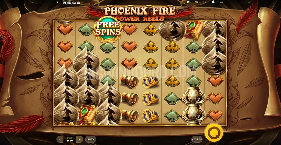Spelplan för Phoenix Fire Power Reels med tillgängliga symboler och kontrollknappar