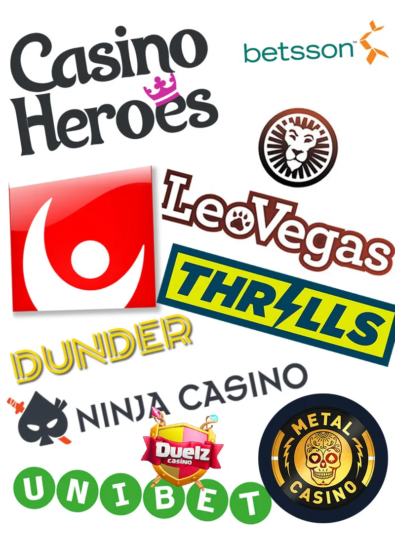 Ikoner för olika spelbolag som LeoVegas, Betsson, Casino Heroes och Svenska spel