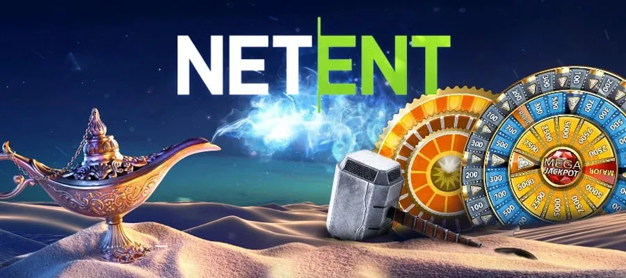 NetEnt logo tillsammans med lyckohjul i en öken