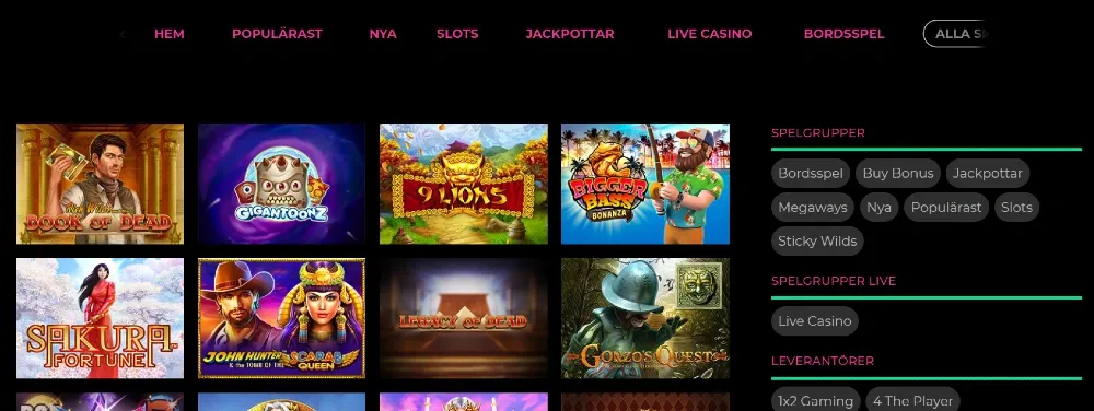 Utvalda casinospel och tillgänglig spelfiltrering hos Spinlovers casino Sverige