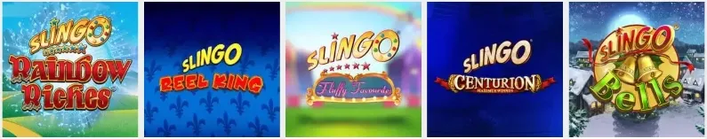 Spelformen Slingo är en blanding av slots och bingo. På bilden ser vi spelen Rainbow Riches, Reel Kings, Fluffy Favorites, Centurion och Slingo Bells.