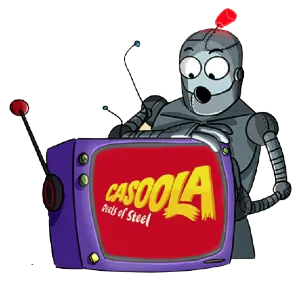 Robotkaraktär från Casoola casino brevid en tv med deras logo