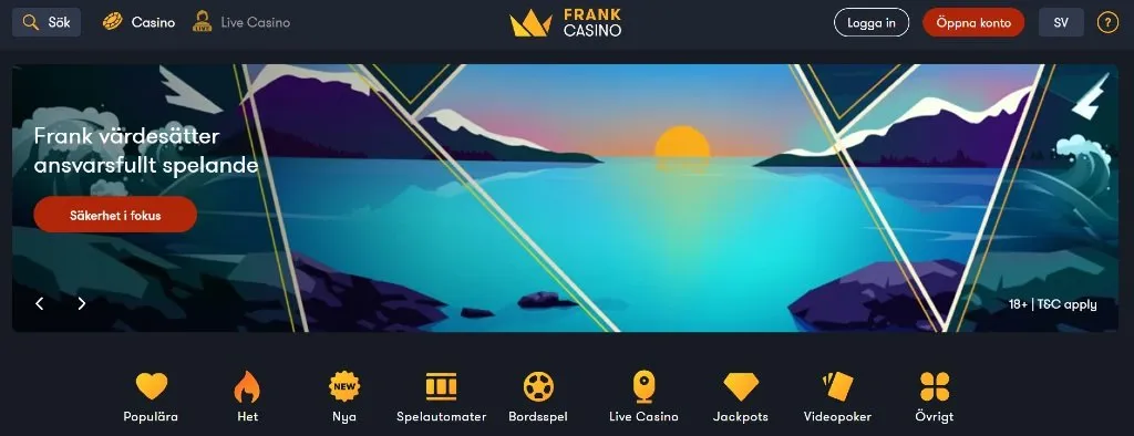 hemsida för Frank Casino med olika spelkategorier och knappar för att skapa konto