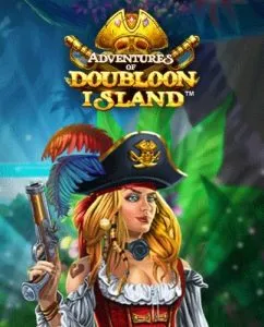 En kvinnlig blond pirat som håller upp en pistol med logon för Adventures of Doubloon Island över
