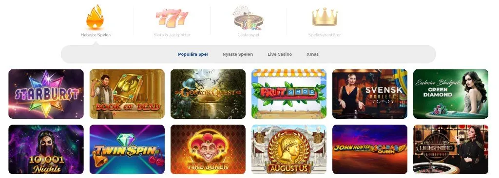 Spelkategorier och slots som visas på Pelaa Casinos hemsida