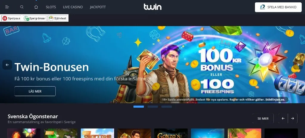 Twin casino hemsida med huvudmenyn tillsammans med utvalda speltitlar och nuvarande kampanj
