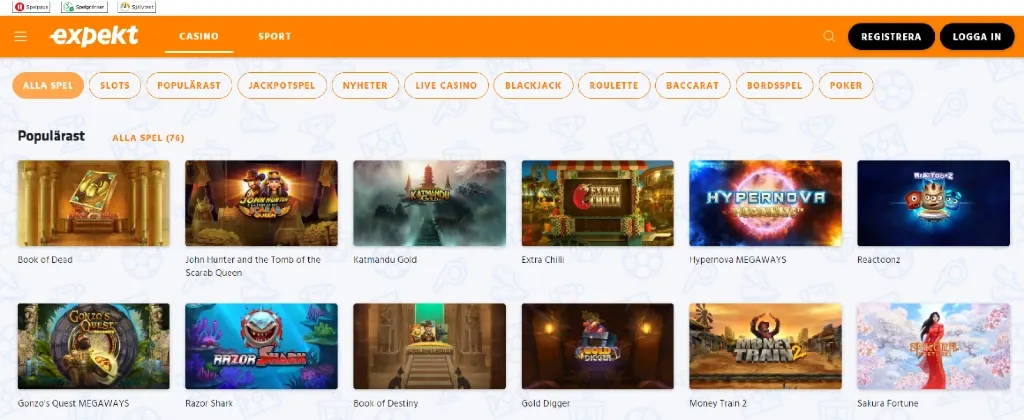 Expekt Casino Sverige spelsida med utvalda casinospel och kategorier