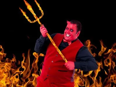 karaktär för 666casino är en mullig man utklädd som djävulen som håller en flammande treudd