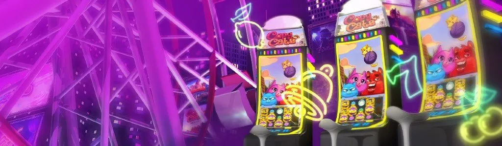tre klassiska spelautomater med spelet Copy Cats på skärmen framför en lila stad i bakgrunden