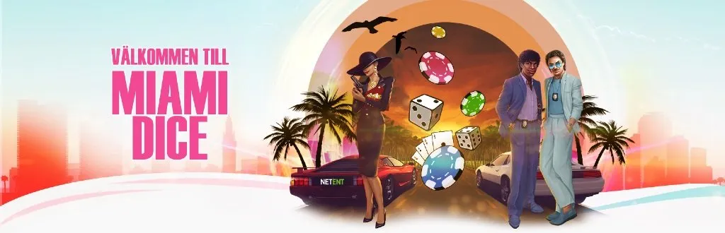 Miami Dice Casino välkomnar spelare med en Miami-inspirerad bild med en mystisk kvinna och två män i kostym framför två bilar och flygande spelmarker
