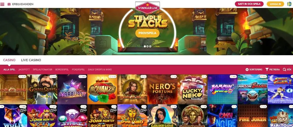 Vinnarum-hemsida med en överblick på tillgängliga spel och kategorier