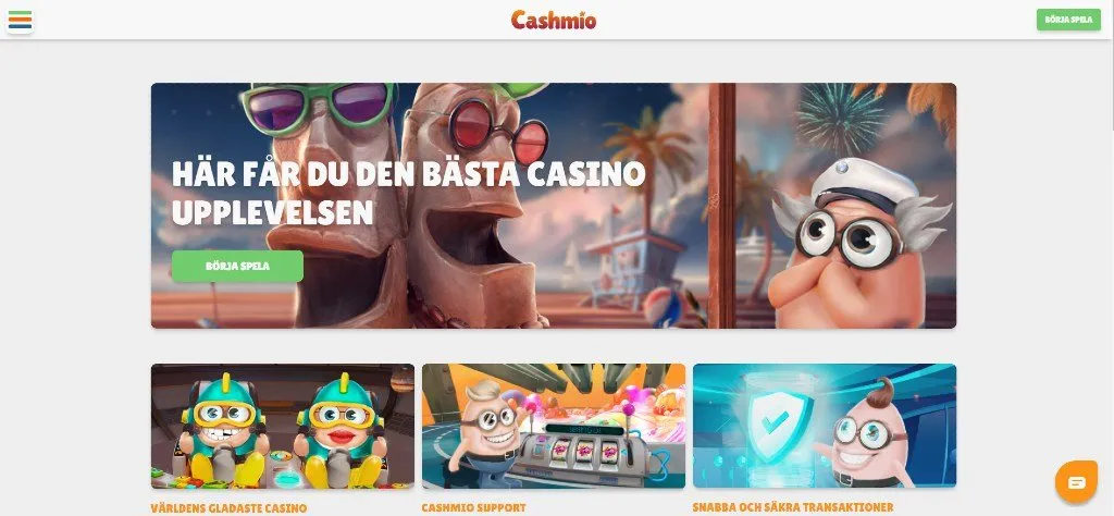 Hemsida för Cashmio casino med nuvarande kampanjer