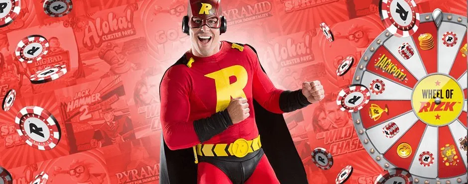 Frontfiguren hos Rizk Casino som är en superhjälte i rött, svart och gult med ett stort R på bröstet och med liknande stil som superman