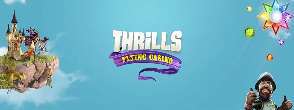Thrills logo tillsammans med karaktären Gonzo, Starburst-symbolen och ett flygande slott över en blå bakgrund