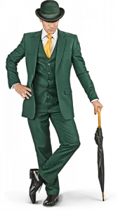 Karaktären för Mr Green stiligt klädd i mörkgrönt och lutar sig med ett paraply