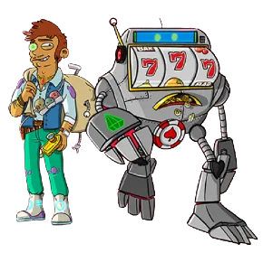 Två tecknade karaktärer från Casoola casino med robottema