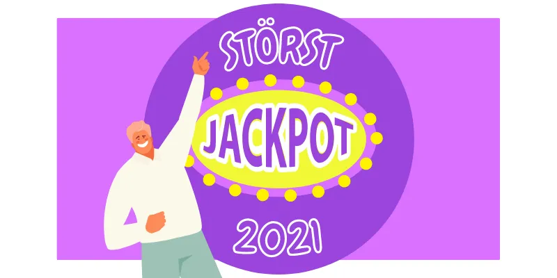 Glad person brevid en skylt med Störst Jackpot 2021