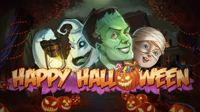 Happy Halloween slot logo visar klassiska skräckvarelser som en mumie och Frankensteins monster