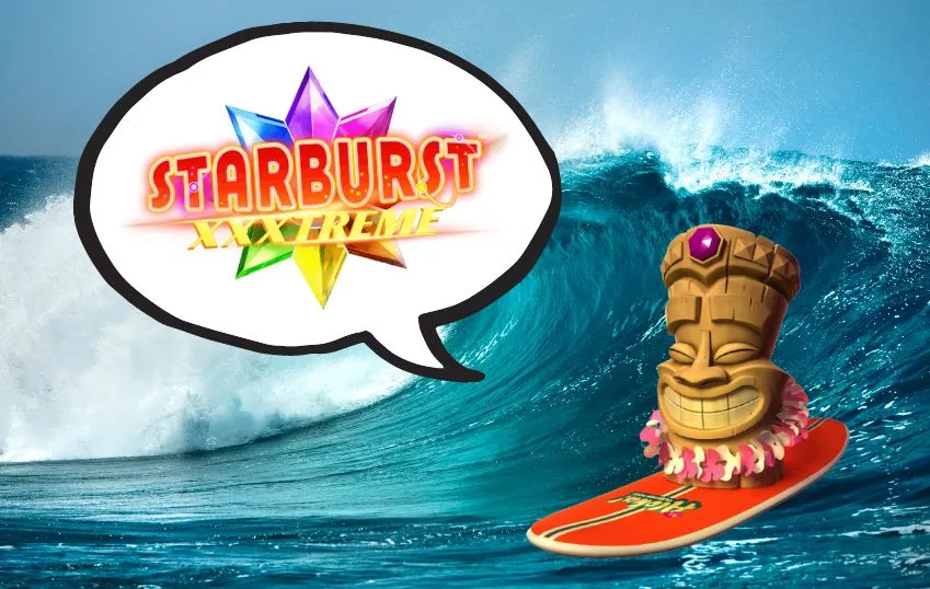 Spelkaraktären från Aloha slot presenterar Starburst XXXtreme free spins och surfar på en våg