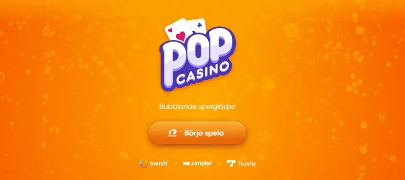 Pop casino logga på en orange bakgrund med en börja spela knapp