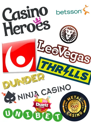Ikoner för olika spelbolag som LeoVegas, Betsson, Casino Heroes och Svenska spel