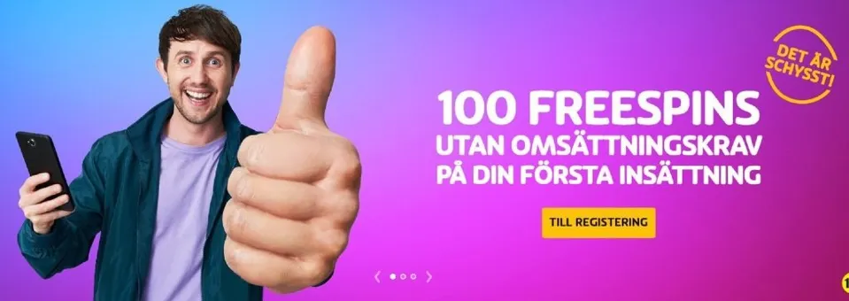 Marknadsföring för Playojo freespins brevid en glad man som håller i sin mobil och håller upp tummen mot läsaren