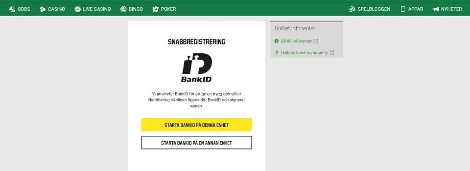 Verifiering med BankID hos Unibet