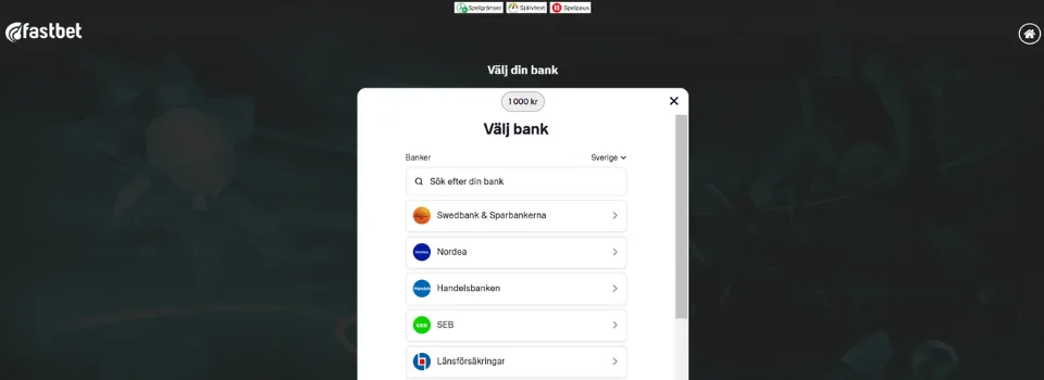 Fastbet Casino välj bank vid insättning