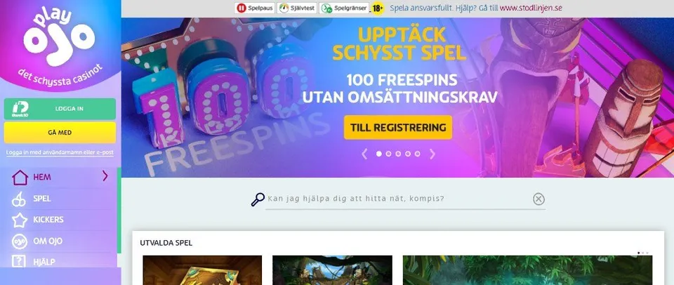 PlayOjo casino startsida med bonuserbjudande