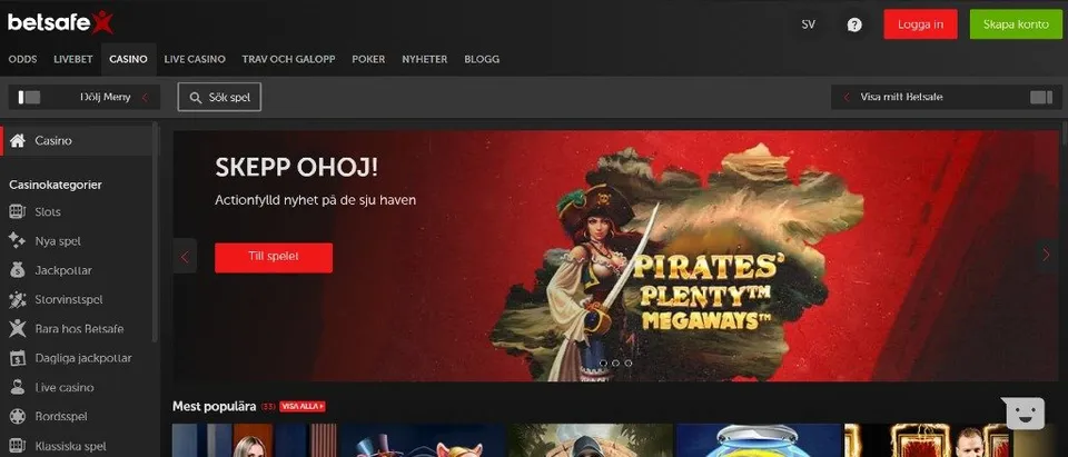 Betsafe casinosida med olika spelkategorier och utvalda speltitlar