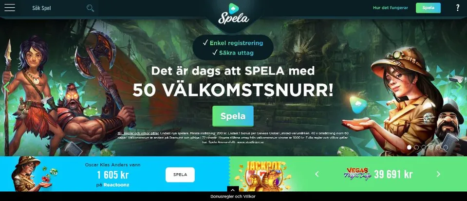 Förstasidan på Spela.com med aktuellt erbjudande, huvudmeny samt aktuella vinnare och jackpottar