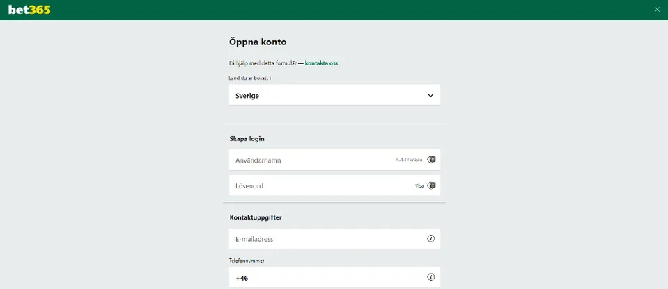 Sida för att registrera ett login på Bet365