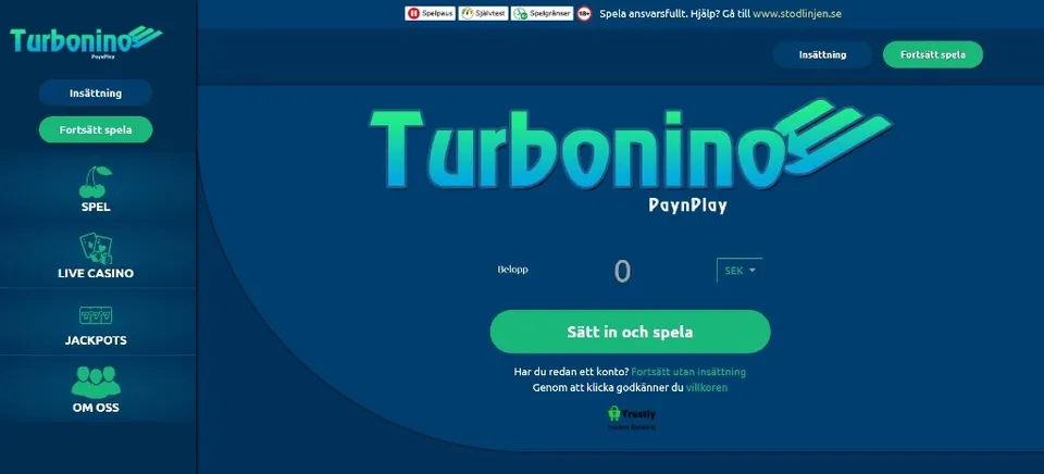 Första sidan på Turbonino casino