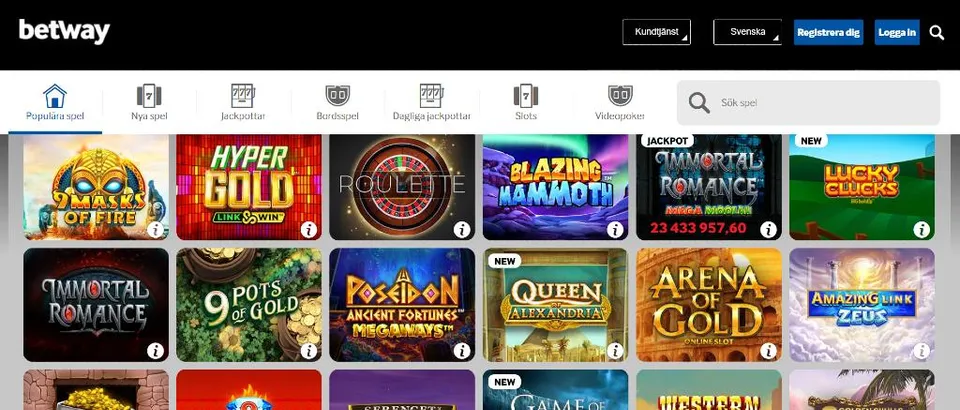 Betway casino spelsida med utvalda slots