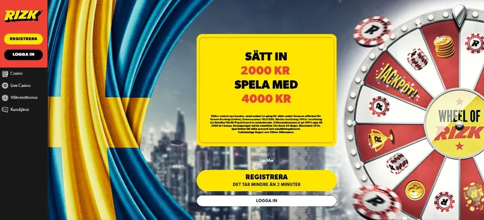 Rizk casino startsida med registrering och välkomstbonus