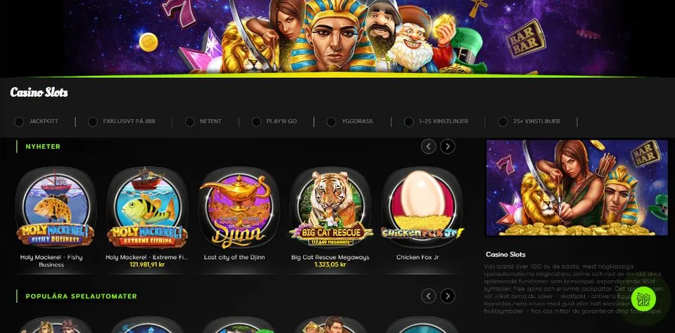 Startsida för slots hos 888Casino