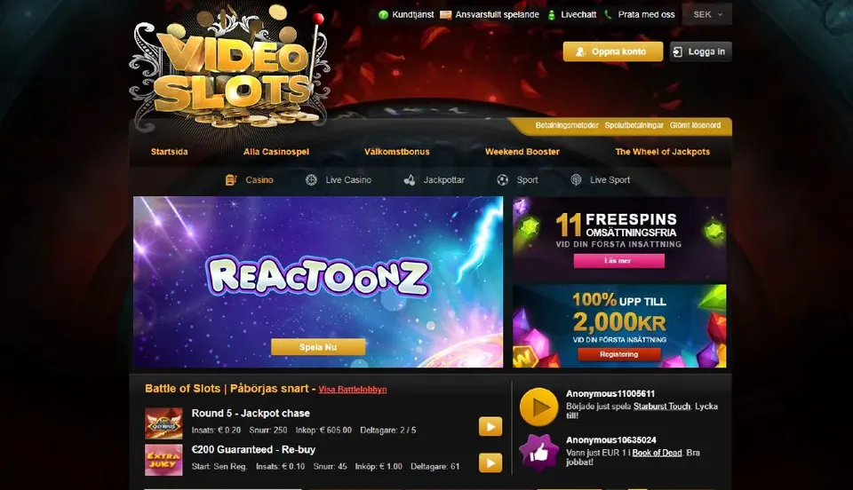 Videoslots casino startsida med välkomstbonus